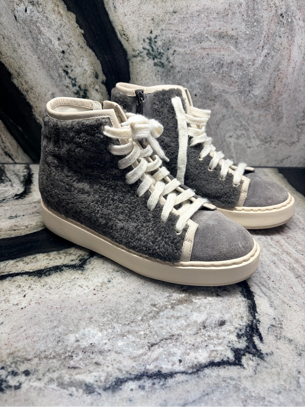 Santoni Women 37.5 Gray Shearling Suede High Top Sneakers Made Italy